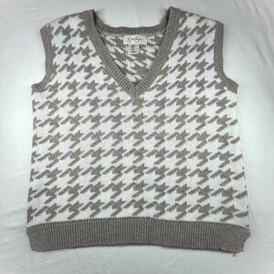 Jessica Simpson Houndstooth V-neck Sweater Vest White & Tan Size M